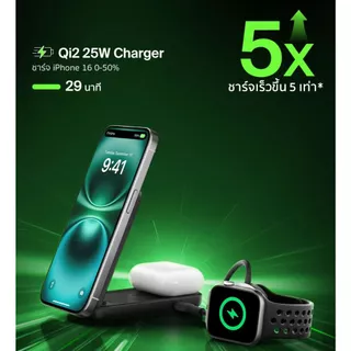 Belkin WIZ038/039 UltraCharge แท่นชาร์จไร้สาย 2-in-1 พับได้ Qi2 25W พร้อม ChillBoost สำหรับ iPhone และ AirPods