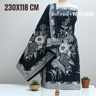 ผ้าปาเต๊ะผู้หญิง ลายดอกไม้ดำ-ขาว คอตตอนแท้ 100% ผ้านุ่มลายคมชัด ขนาด 2 ม. / 2.30 ม. พรีเมียม