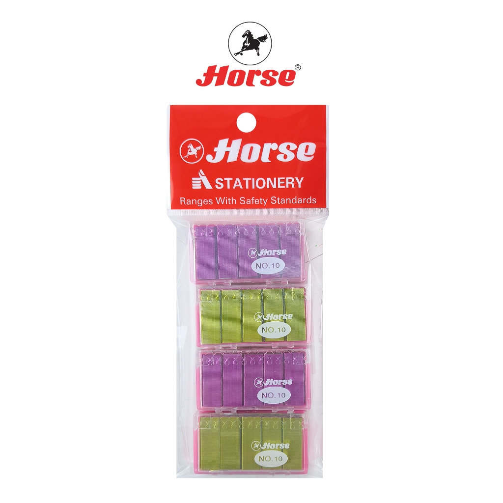 HORSE ตราม้า ลวดเย็บกระดาษ  #10 แบบสี กล่องพลาสติก   1X4 กล่อง/แพ็ค