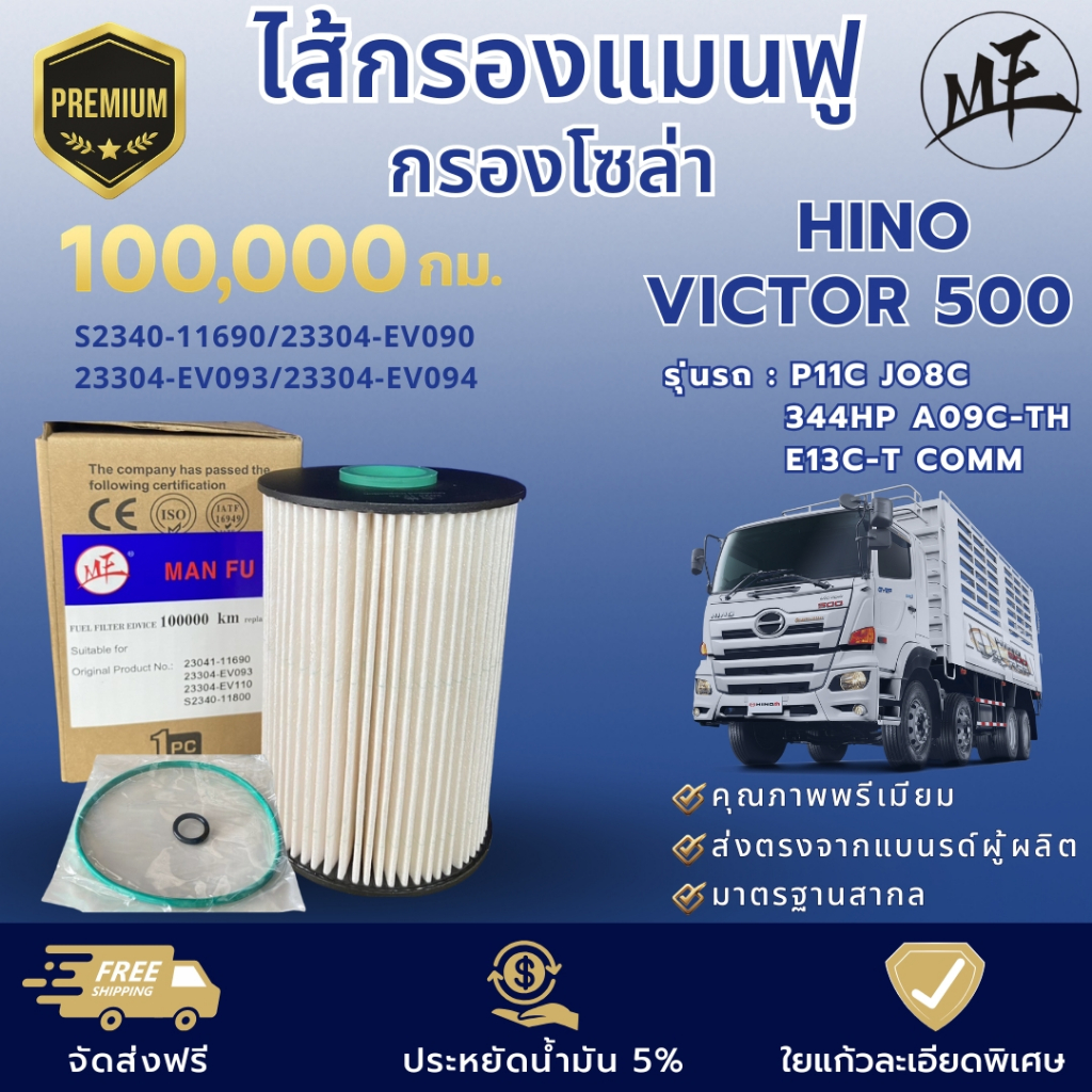 ไส้กรองแมนฟู กรองใยแก้ว กรองโซล่า HINO Victor500 P11C JO8C  344HP A09C-TH  E13C-T COMM #S2340-11690