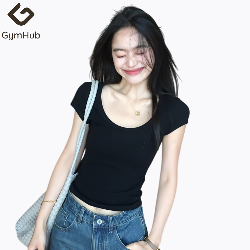 GymHub เสื้อยืดคอกลมรักบี้แขนสั้นสำหรับสตรี ดีไซน์เรียบหรู ทรงเข้ารูป สั้น แนวพื้นฐาน