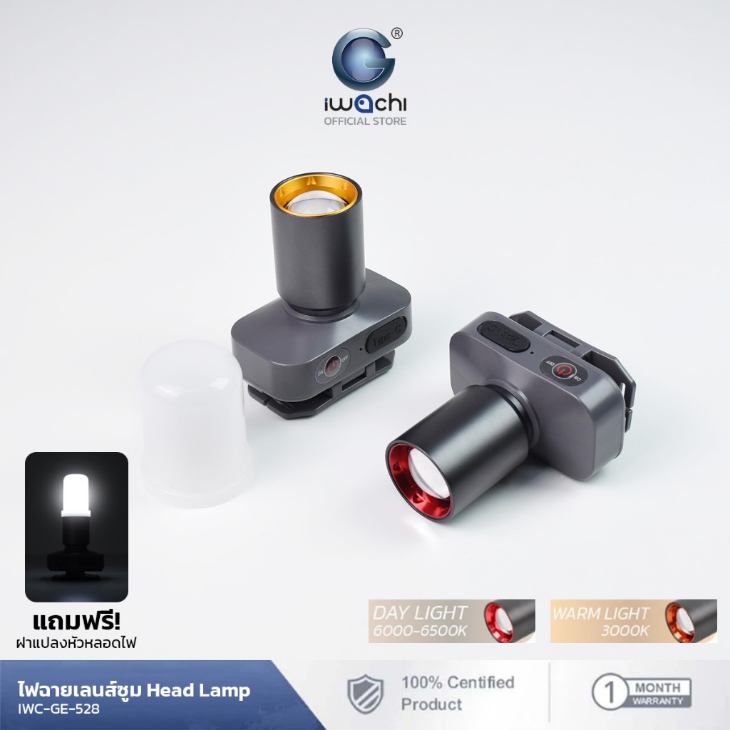 IWACHI ไฟฉายคาดหัว GE528 แสงขาว วอร์มไวท์ LED 250วัตต์ Super Zoom ชาร์จUSB-C