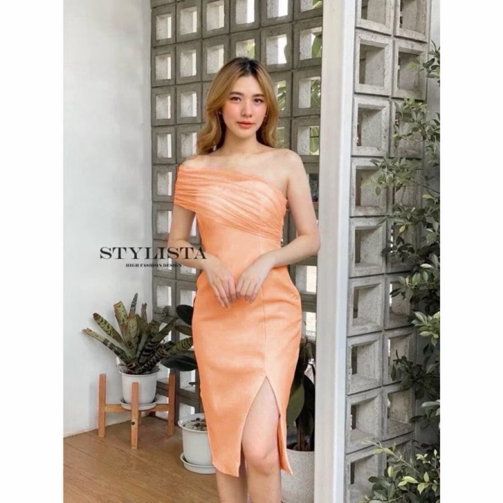 เดรสชุดราตรี งานไหล่เฉียง ไหล่แต่งผ้ามุ้ง ชุดเดรสผู้หญิง ชุดออกงาน แหวกหน้า เข้ารูปสวย ผ้าซาร่า ใส่สบาย พร้อมส่ง - รูปที่ 4