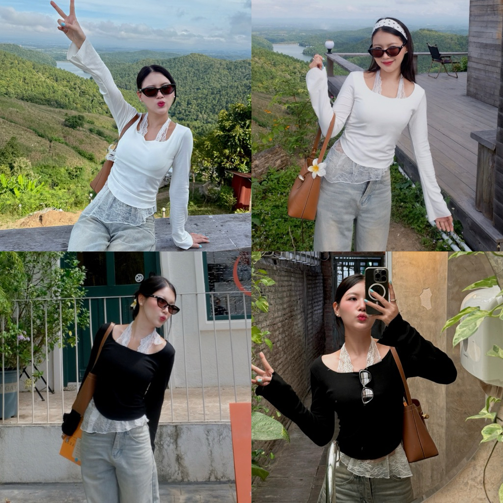 M116- เสื้อแขนยาวแต่งลูกไม้คล้องคอ ลูกไม้ระบายชาย มีฟองน้ำ