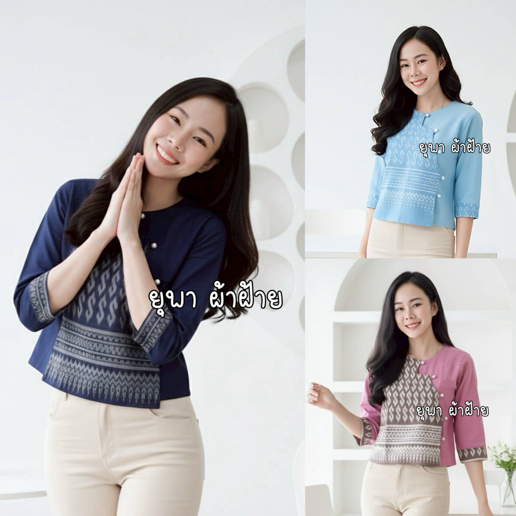เสื้อผ้าฝ้าย เสื้อลายขอพระราชทาน คอกลมแขนสามส่วน
