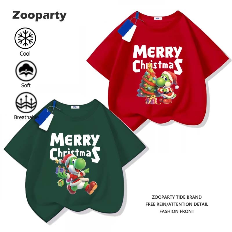 Super Mario Yoshi เสื้อเด็ก cotton Merry Christmas เสื้อยืดแขนสั้นสำหรับเด็ก อายุ 3-15 ปี(พร้อมส่ง)