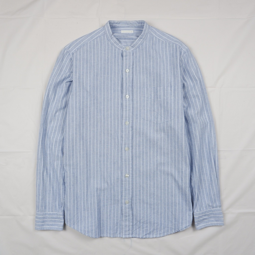 เสื้อเชิ้ตคอจีน ผู้ชาย GU สีฟ้าลายทาง ไซส์ S อก 39 ยาว 27 ไหล่ 16.5 นิ้ว