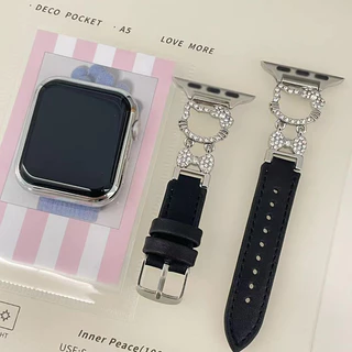 สายหนังประดับเพชร Sparkling Cat เข้ากันได้กับ iWatch S11/10/9/8/7/6/5/4/3/2/1/se Ultra 49mm/46/45/44/42/41/40/38mm