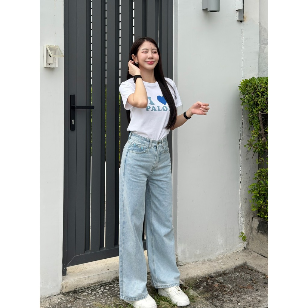 Paloy - PL6213 กางเกงยีนส์ขายาว ขากระบอกใหญ่ ป้ายฟ้า