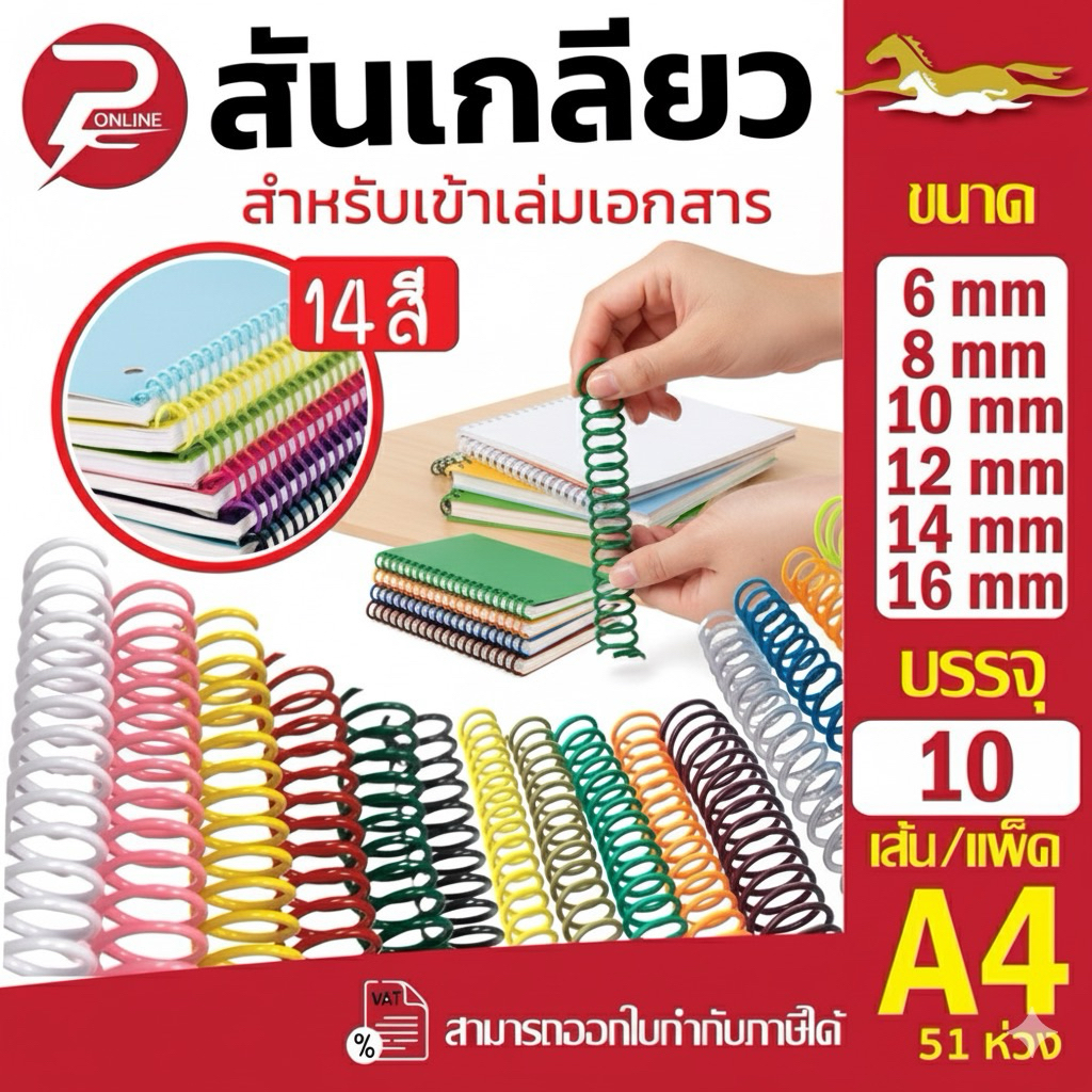 **มีส่งด่วน** สันเกลียวพลาสติก (A4) ขนาด 6 , 8 , 10, 12, 14, 16 mm 14สี บรรจุ 10 เส้น สำหรับเข้าเล่ม