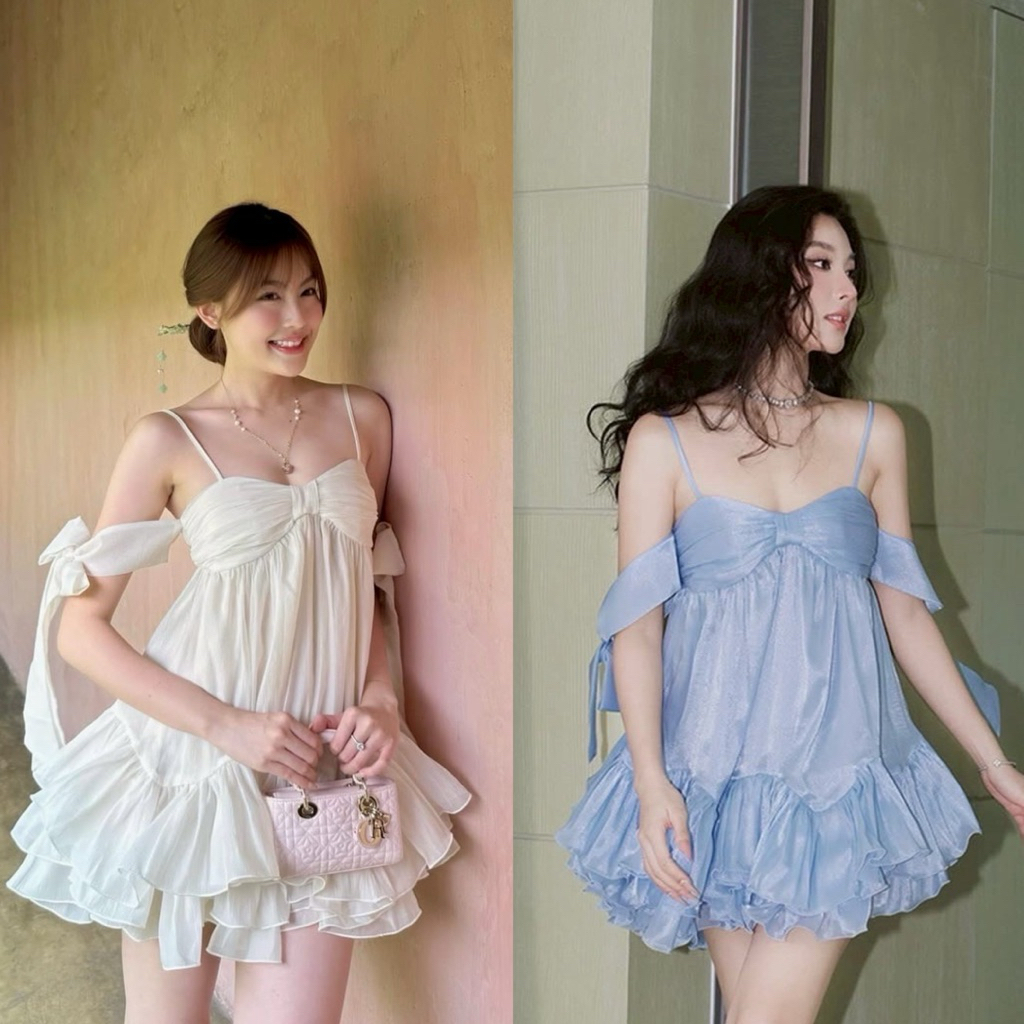 Minidress เดรสสั้นสายปรับได้ ด้านหลังยืด มัดโบว์เองที่ไหล่เพิ่มความหวาน มีซับในทั้งตัว 2we