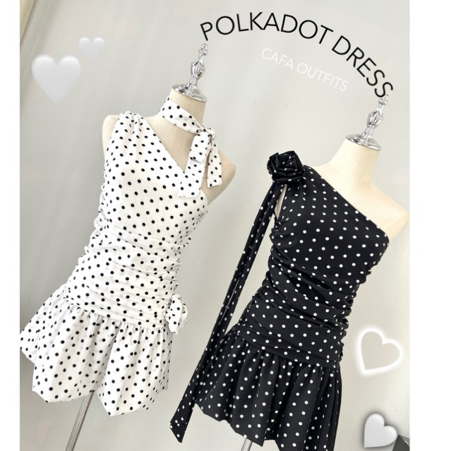 D063 - Polkadot ชุดเดรส ไหล่เฉียง กระโปรงบอลลูน แถม สายมัดเข็มกลัดดอกไม้