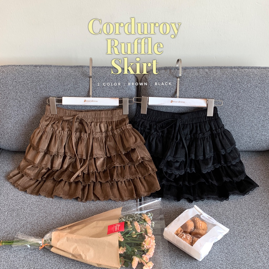 SOMEDRESS | Corduroy Ruffle Skirt กระโปรงสั้น ระบายลูกไม้ชั้นๆ ผ้าลูกฟูกกำมะหยี่
