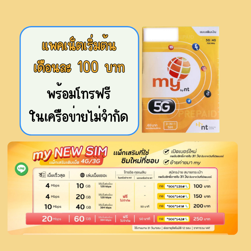 ซิมมาย My by NT แบบเติมเงิน 5G/3G/4G
