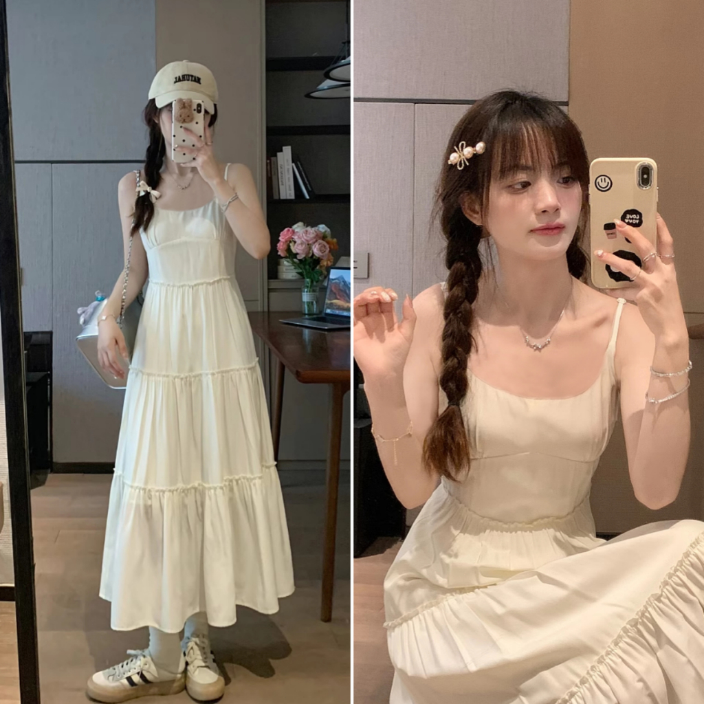 cherryshop พร้อมส่ง ชุดเดรสยาวผู้หญิง เดรสผู้หญิง ชุดน่ารัก สายเดี่ยวเซ็กซี่ เอวแคบ ดีไซน์จีบ สีเบจ