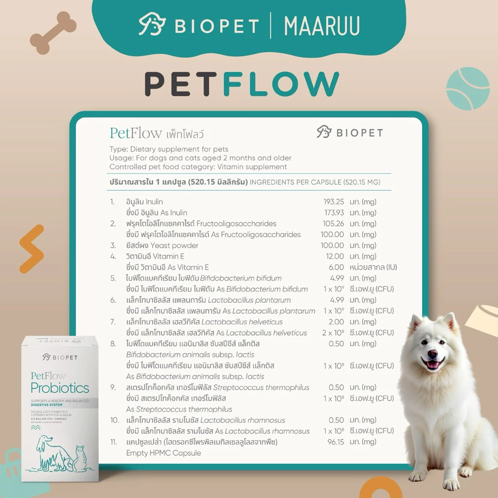 Biopet PetFlow Probiotics  สูตร Digestive ปรับสมดุลลำไส้ ลดท้องเสีย ลดกลิ่นอุจจาระ โพรไบโอติกส์สำหรับสัตวเลี้ยง หมา แมว thumbnail 9