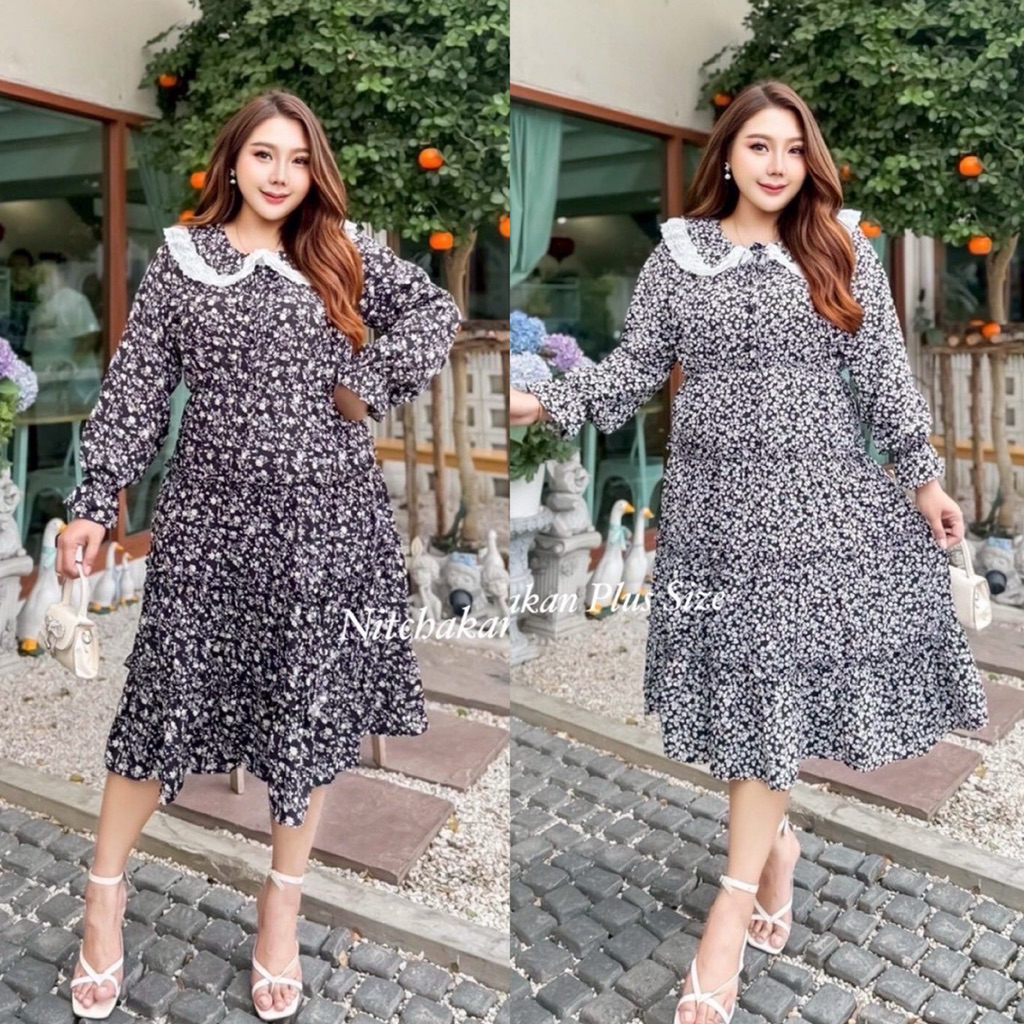 (NK) เดรสแขนยาว แต่งปกลูกไม้ ผ้าลายดอก (อก40-60“) ใส่เที่ยว ใส่ทำงานสวยมาก เสื้อผ้าสาวอวบอ้วน พลัสไซส์ ไซส์ใหญ่