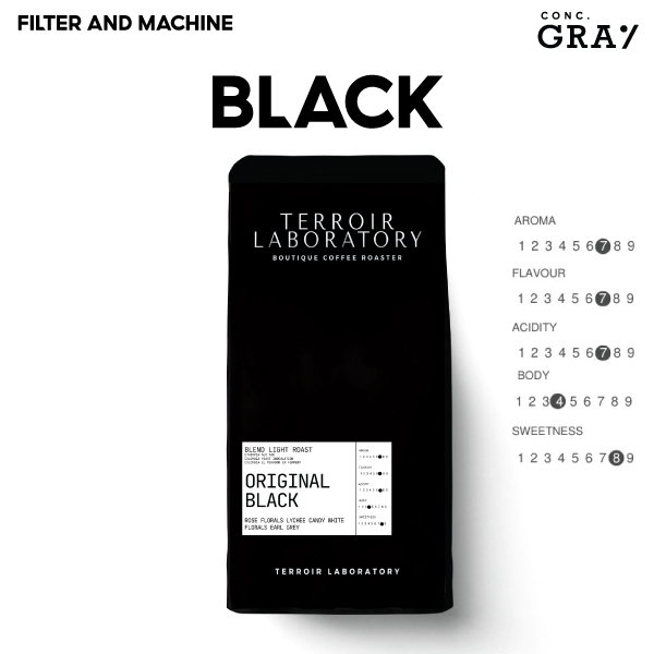 (CONC.GRAY) เมล็ดกาแฟคั่ว "BLACK"  200 g Fresh Lychee,Pink Rose, Orange, Refreshing florals