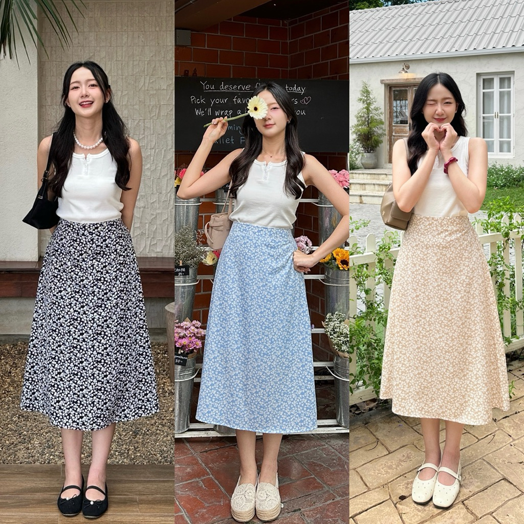 Summer Skirt กระโปรงลายดอกไม้ ผ้าพริ้ว มีซับใน เอวยืด