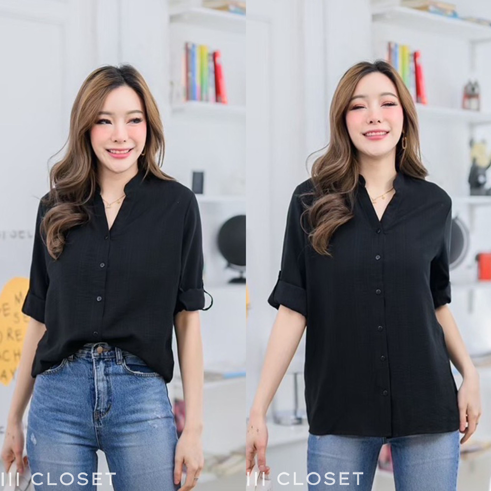 เสื้อเชิ้ต lll Freesize lll AUNG004 คอจีน สีดำ แขนยาว กระดุมหน้า เนื้อผ้าสลาฟลินิน