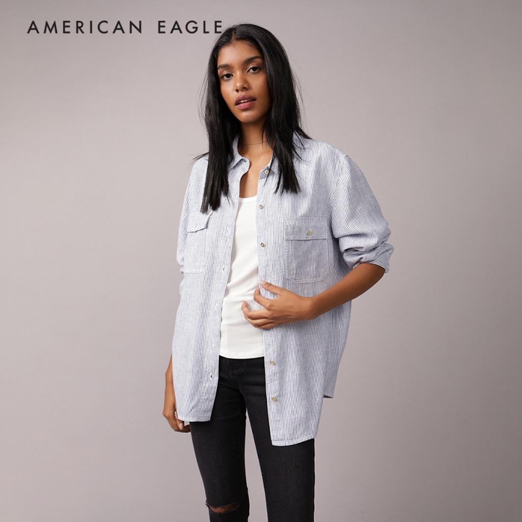 American Eagle Weekend Vibes Linen-Blend Long-Sleeve Button-Up Shirt เสื้อเชิ้ต ผู้หญิง แขนยาว (NWSB