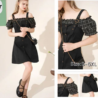 ❗🎀เติมสต๊อกแล้ว【EVIOVIO】S-6XL เดรสเอี๊ยม แขนสั้น แต่งกระดุม หวาน น่ารัก สายดีไซน์เข็มขัด เก๋ไก๋ เดรสสาวอวบ พลัสไซซ์