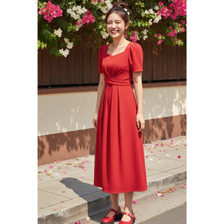 【EVIOVIO】🌈S-4XL👗เดรสยาว แขนพอง คอเหลี่ยม มีสายรัดเอวเข้ารูป สง่างาม ใส่ทำงาน เดรสสาวอวบ พลัสไซซ์