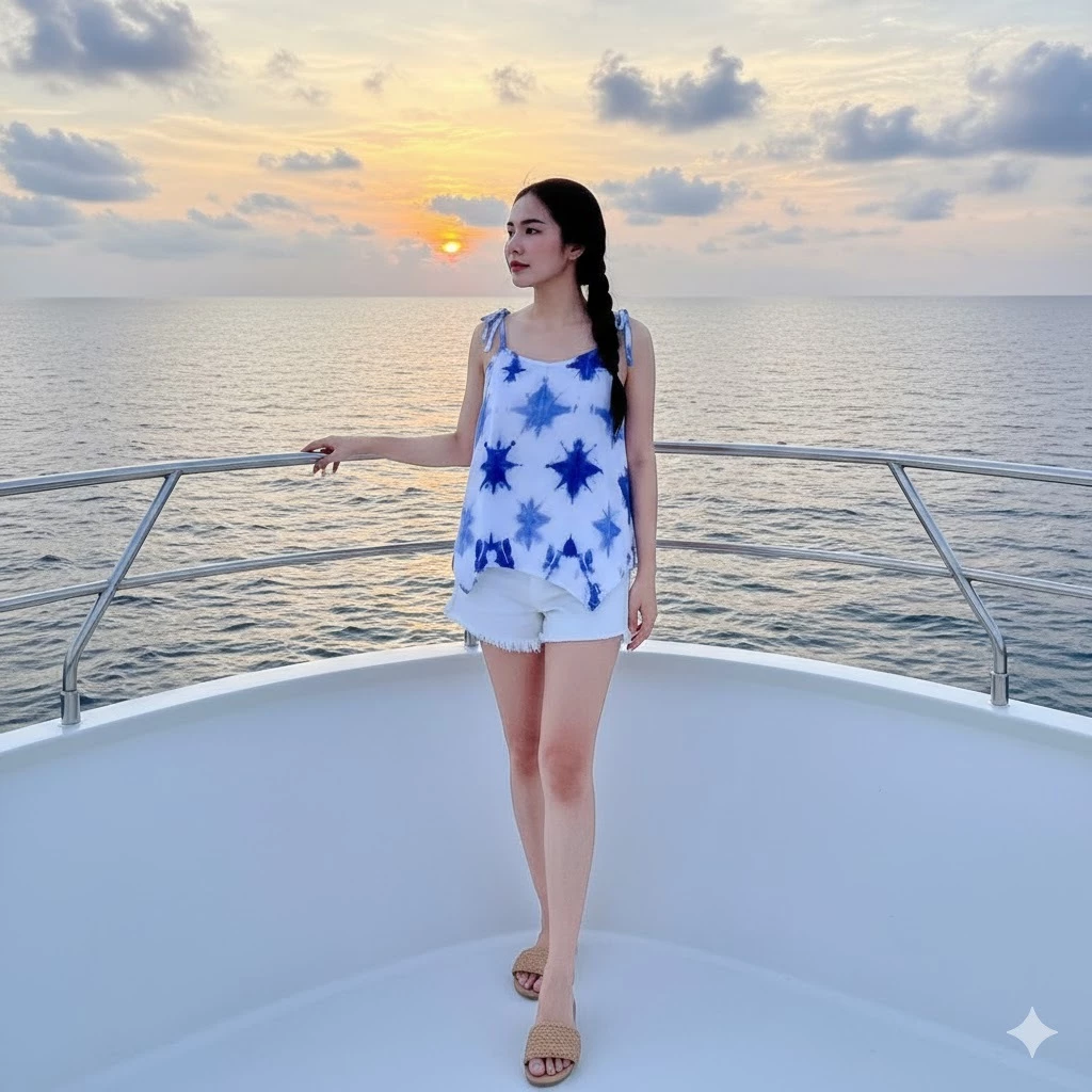 เสื้อสายเดียวผ้าสปัน มัดย้อมคราม เนื้อพริ้ว เย็นสบาย  รอบอก38 นิ้ว thumbnail 3