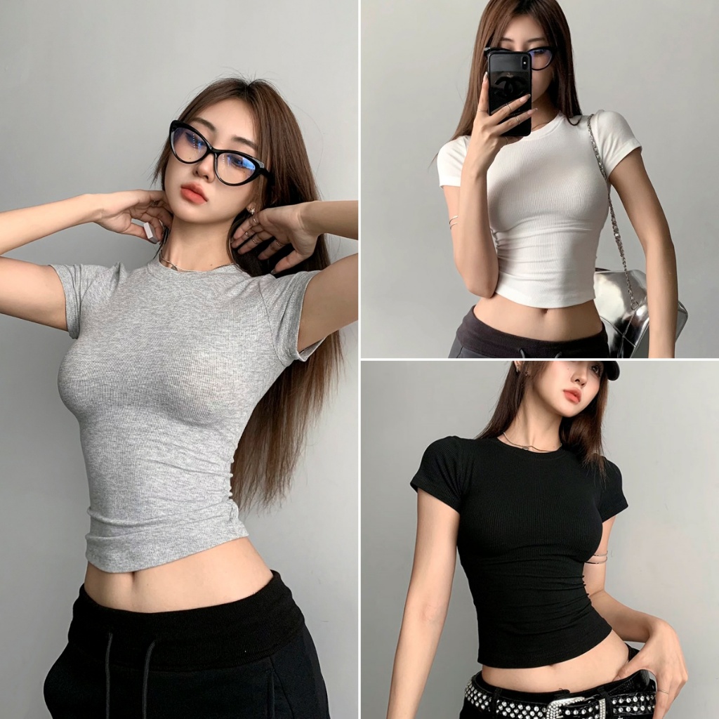 Hotgirl พร้อมส่ง เสื้อรัดรูป เสื้อน่ารักผู้หญิง แขนสั้นรัดรูปเซกซี่ สีพื้น 3สี ผ้ายืดรูปทรงสวย สไตล์เกาหลี