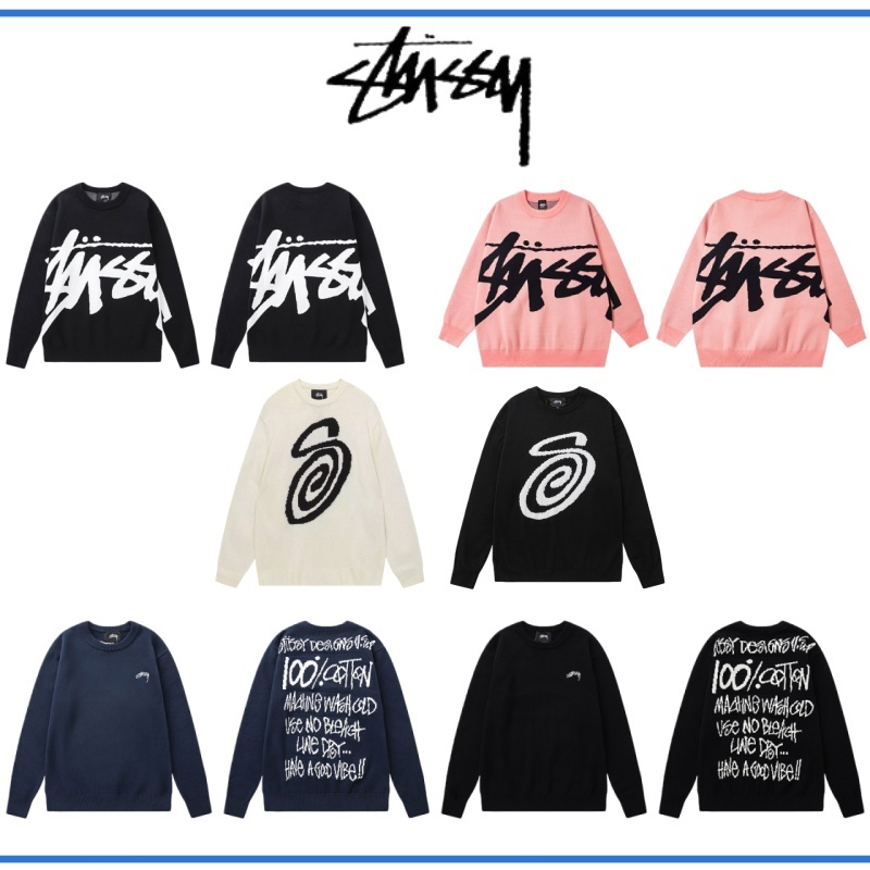『Stüssy Shop』Stussy Big Logo Jacquard Crew Neck เสื้อไหมพรมสําหรับทุกเพศ ใช้ได้ทั้งชายและหญิง เสื้อผ้าคู่ของแท้ 💯%