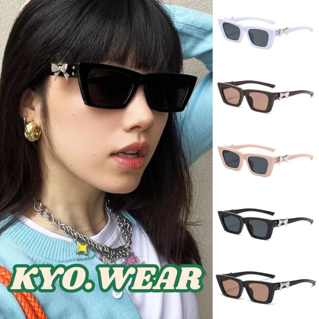 KYO 🌸 เรียบง่ายและมีสไตล์แว่นกันแดดทรงสี่เหลี่ยมแคทอาย ไตล์แฟชั่นไม่ซ้ําใครย้อนยุคกร unisex ส่งจากไท