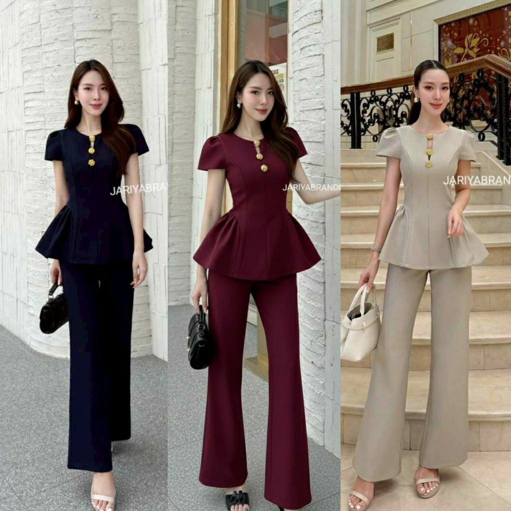 (S-XL)   Jariya   📣พร้อมส่งเซ็ทเสื้อแขนสั้นตุ๊กตาแต่งกระดุมมีจีบชายเสื้อ+กางเกงขายาวทรงสวยผ้าสูทขึ้นทรง