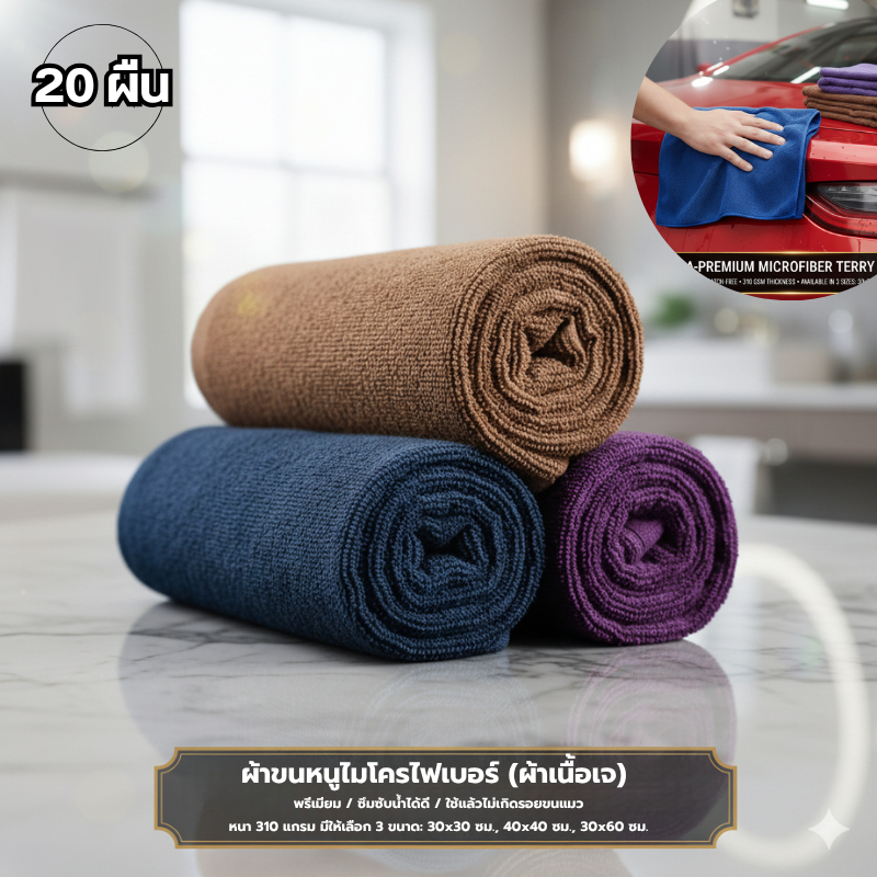 แพ็คคุ้ม⭐✅ (20ผืน) ผ้าขนหนูไมโครไฟเบอร์ (ผ้าเนื้อเจ) หนา 310 แกรม ขนาด 30x30 / 40x40 / 30x60 cm. ผ้าเช็ดรถยนต์
