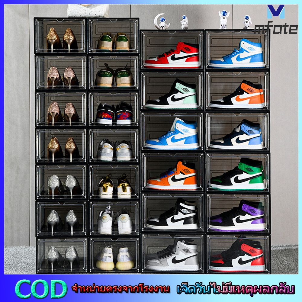 【AJ Exclusive Shoe Box】กล่องใส่รองเท้าพลาสติกแข็งสีดำ วัสดุแบบอะคริลิคใส tower shoe box ออกแบบฝาหน้าแม่เหล็ก เก็บวางรองเ