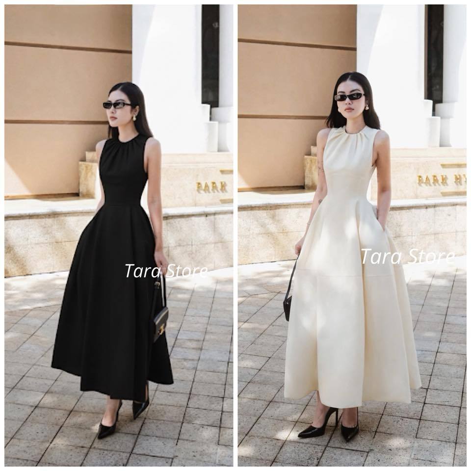 Tara Store ชุดเดรสยาวแขนกุด กระโปรงทรงเอไลน์🖤 พร้อมส่ง #G298