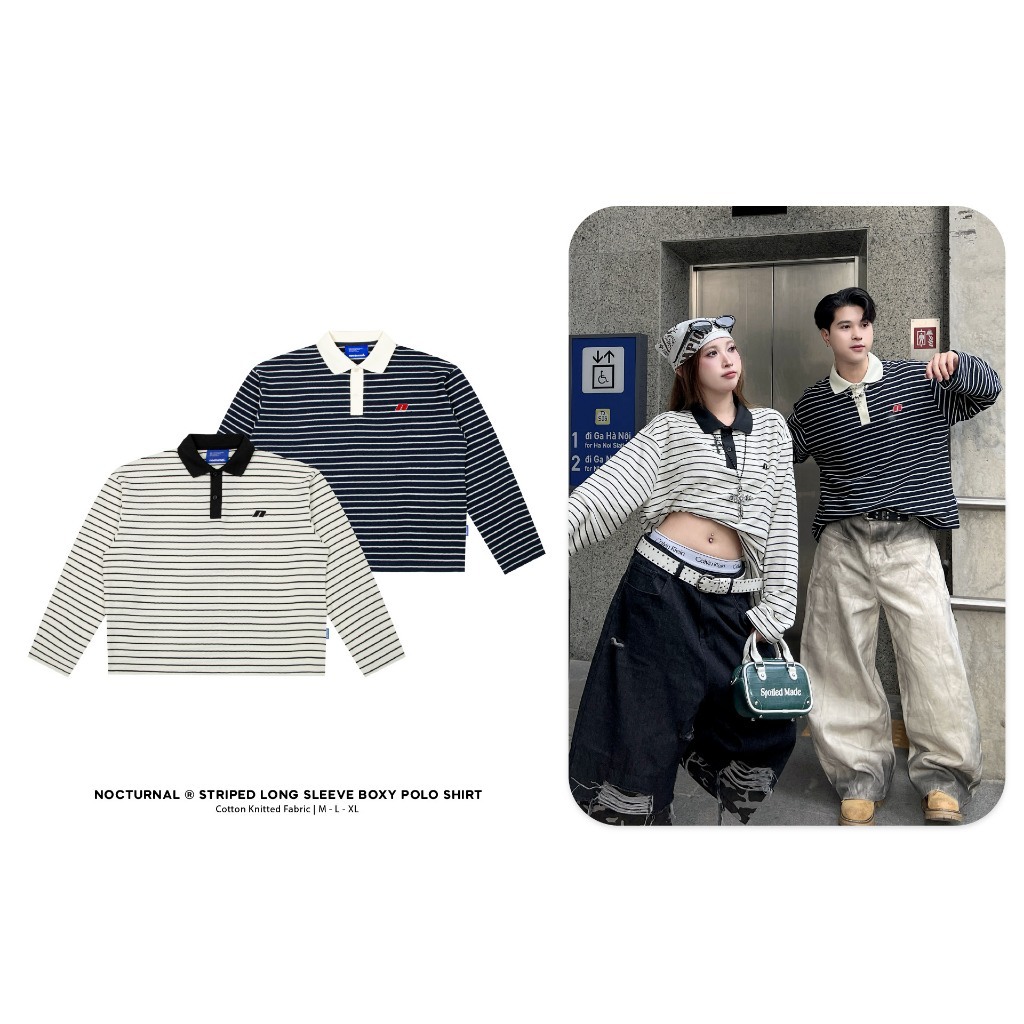 NOCTURNAL Striped Long Sleeve Boxy Shirt เสื้อยืดแขนยาวผ้าฝ้ายถัก Unisex แบรนด์ท้องถิ่นเวียดนาม VN