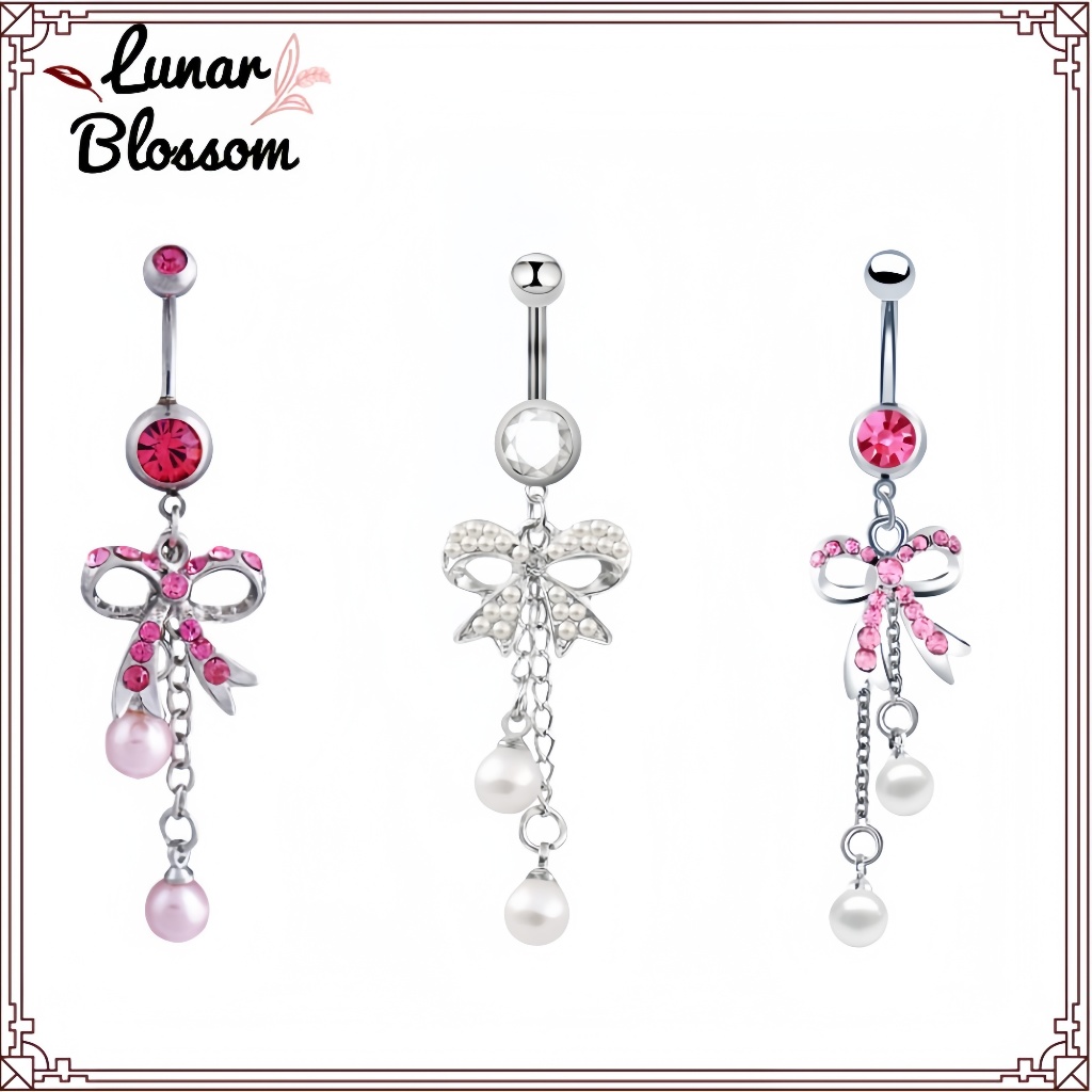 Lunar Blossom😻โบว์สีชมพู  เจาะสะดือพร้อมพู่ไข่มุก  เซ็กซี่และสง่างาม  เจาะสะดือแบบไม่ก่อให้เกิดอาการแพ้