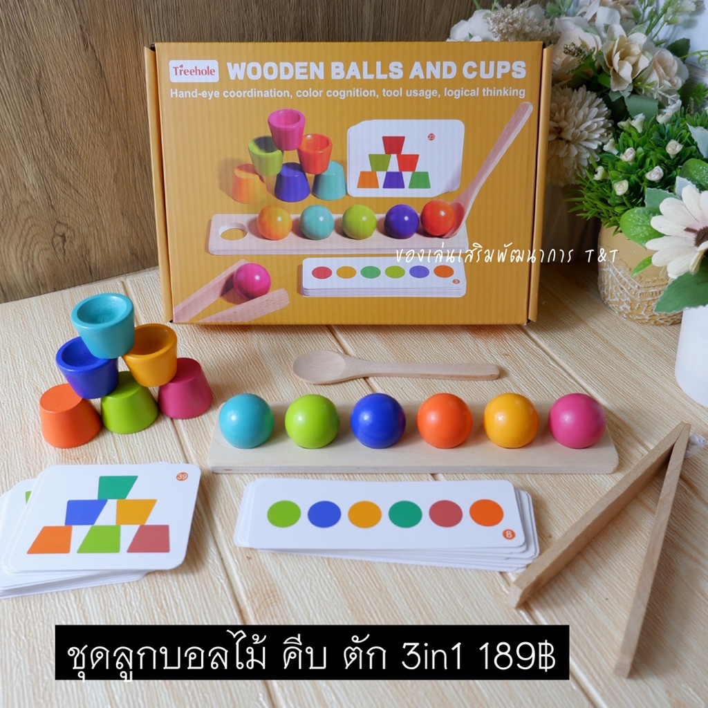 T189 ของเล่นไม้ ชุดลูกบอลไม้ คีบ ตัก 3in1