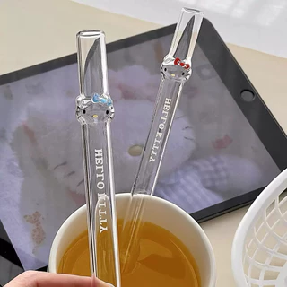 หลอดแก้ว Hello Kitty น่ารัก เหมาะสำหรับชานม กาแฟ และเครื่องดื่มอื่นๆ ทนความร้อน ดูดไข่มุกได้