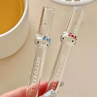 หลอดแก้ว Hello Kitty น่ารัก เหมาะสำหรับชานม กาแฟ และเครื่องดื่มอื่นๆ ทนความร้อน ดูดไข่มุกได้