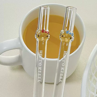 หลอดแก้ว Hello Kitty น่ารัก เหมาะสำหรับชานม กาแฟ และเครื่องดื่มอื่นๆ ทนความร้อน ดูดไข่มุกได้
