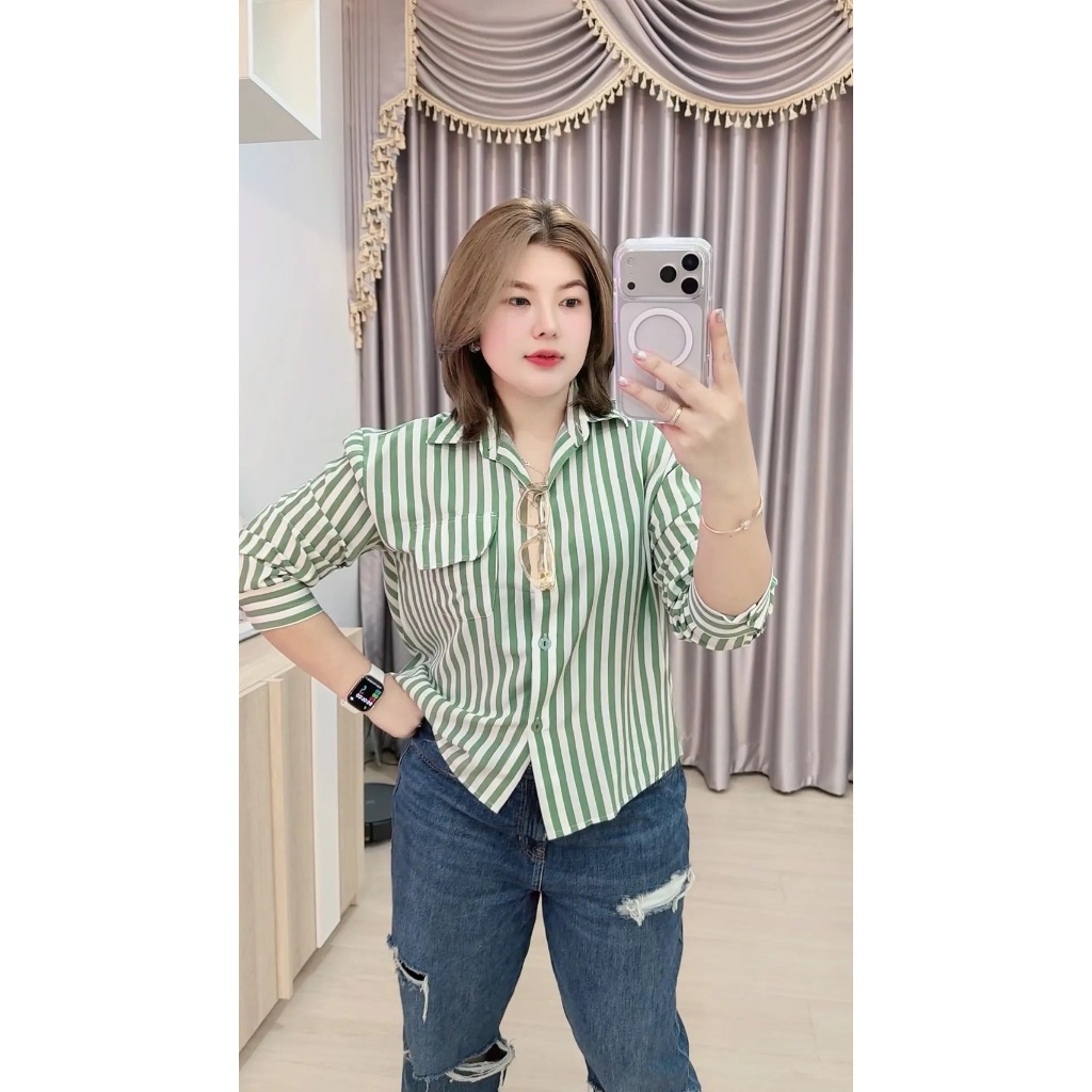 G65 เชิ้ตคอปกลายทางแต่งกระเป๋า อก 44