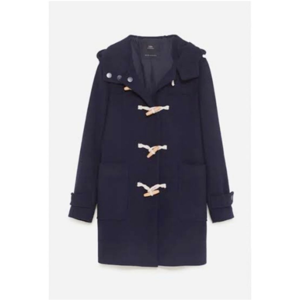 LM8 ZARA Navy Blue Toggle Hooded Coat MEDIUM Long Jacket Wool Blended