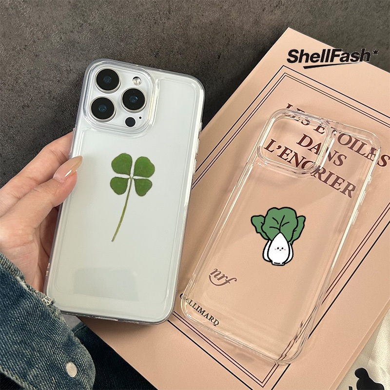 For iPhone เคสทรศัพท์ 11 12 13 14 15 16 PRO MAX X XS MAX XR 7/8PLUS สไตล์เดียวกันฤดูร้อนสด Lucky Four-leaf Clover เวอร์