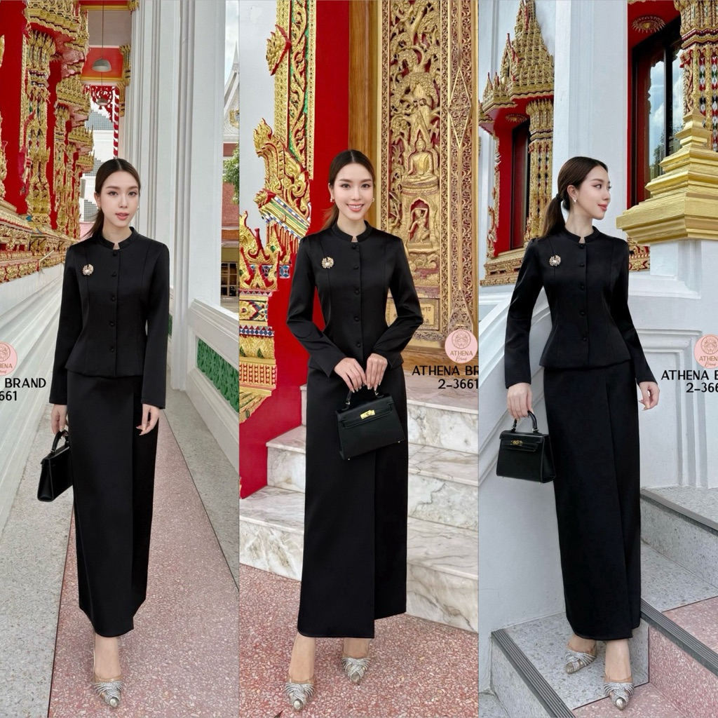 พร้อมส่ง ชุดไทยสีดำ  เสื้อ+กระโปรง+เข็มกลัด ชุดไทยประยุกต์ Athena 2-3661