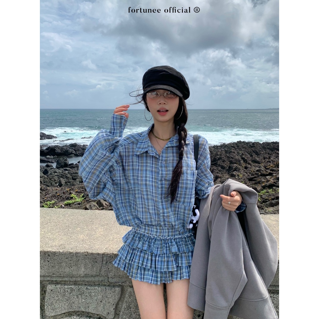 ❣Fortunee ❣ เสื้อเชิ้ตแขนยาวลายตาราง คู่กับ กระโปรงกางเกงทรงเอวต่ำแบบระบายชั้นทรงเค้ก กดแยกกัน