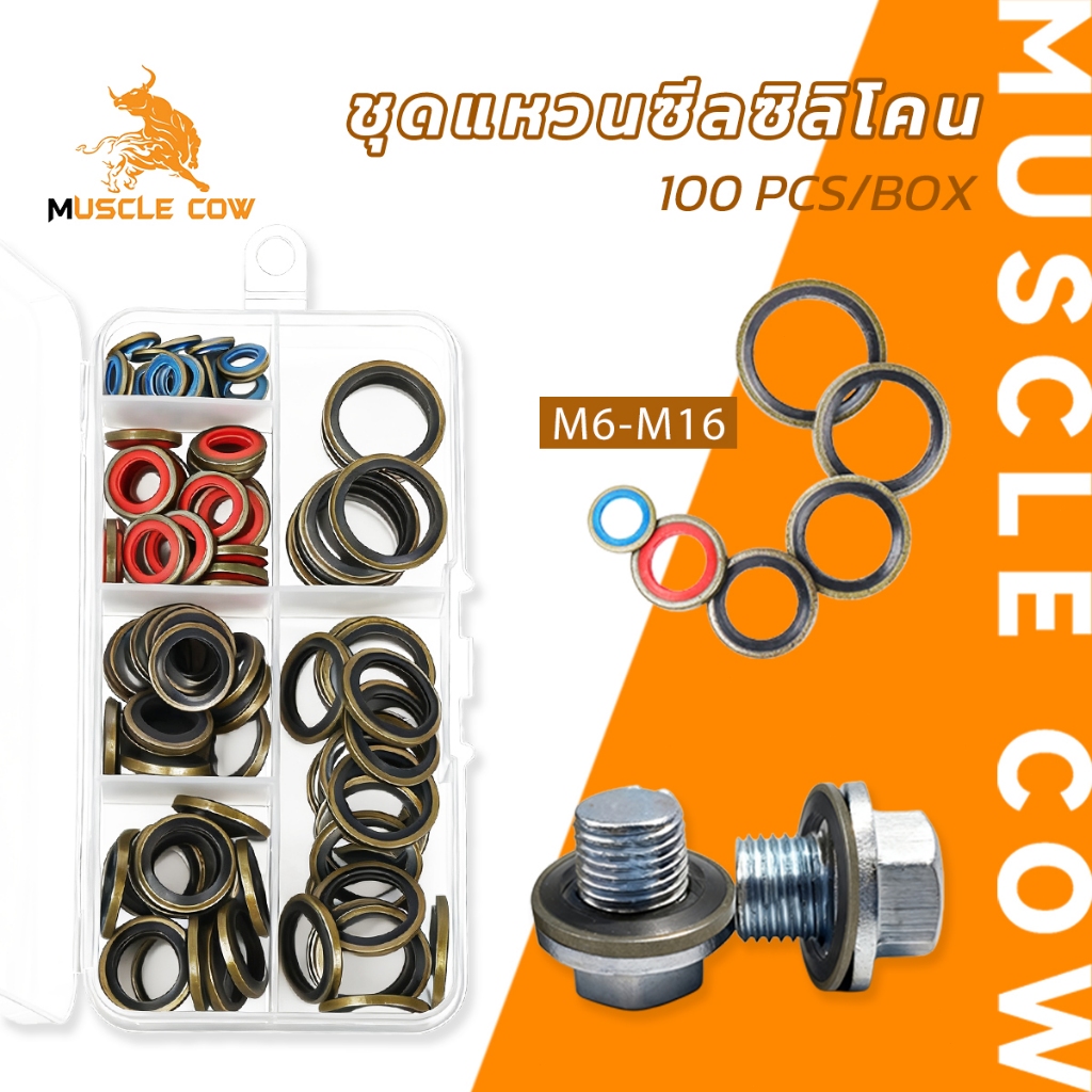 MUSCLE COW ชุดแหวนซีลซิลิโคน 100 ชิ้น ขนาด M6-M16 สำหรับซ่อมรถยนต์ กันน้ำมันและรั่วซึม ครบชุดในกล่องเดียว
