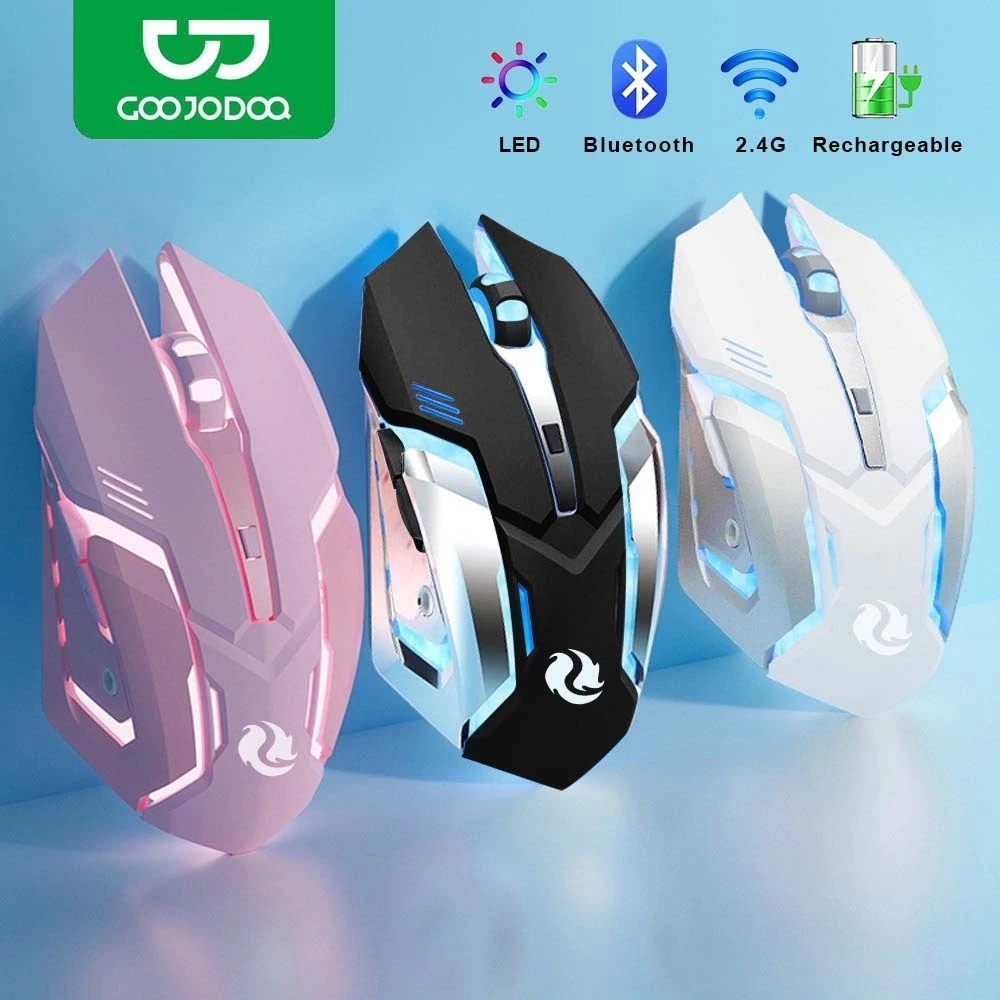 GOOJODOQ เมาส์เกมมิ่ง เมาส์ไร้สายแบบชาร์จไฟได้ 2.4Ghz 1600 Dpi พร้อม Led เมาส์บลูทูธ Mouse Wireless