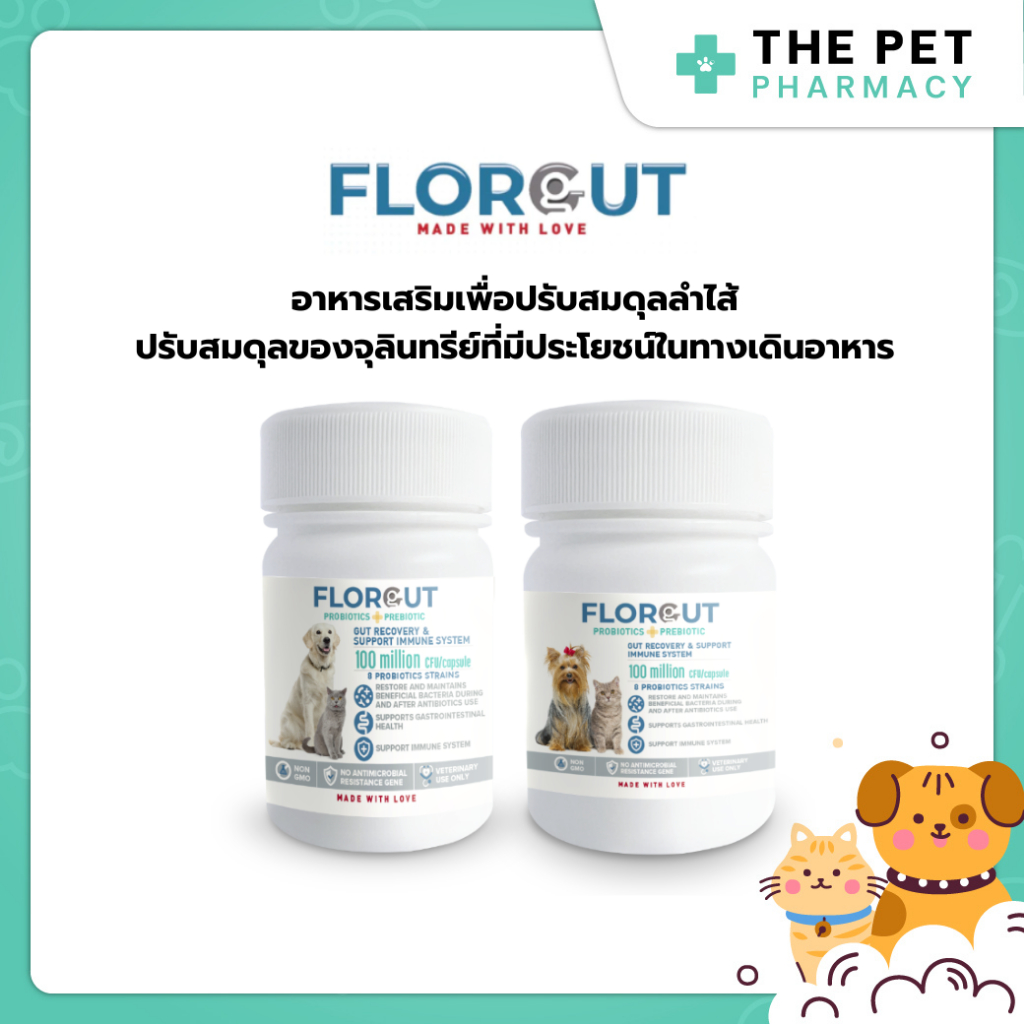 FLORGUT (ฟลอกัท) อาหารเสริมพรีไบโอติกและโพรไบโอติก ปรับสมดุลลำไส้ ลดปัญหาท้องเสีย สำหรับในสุนัขและแมว 30 แคปซูล