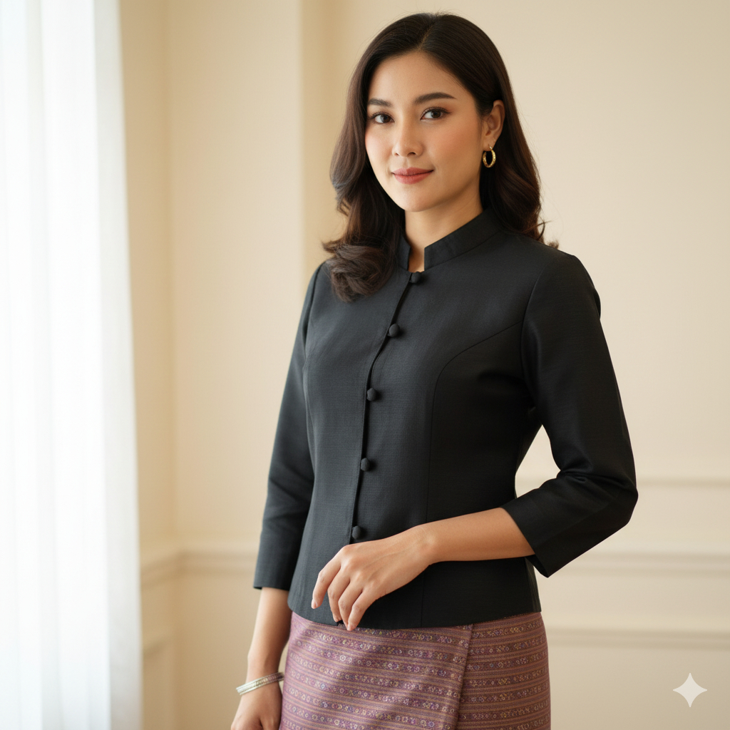 ( ม่อฮ่อมแพร่ ) เสื้อไทยทรงจิตรลดา แขนยาว เสื้อพื้นเมืองหญิง ชุดดำ ผ้าดำ ผ้าฝ้ายชินมัย สีดำ